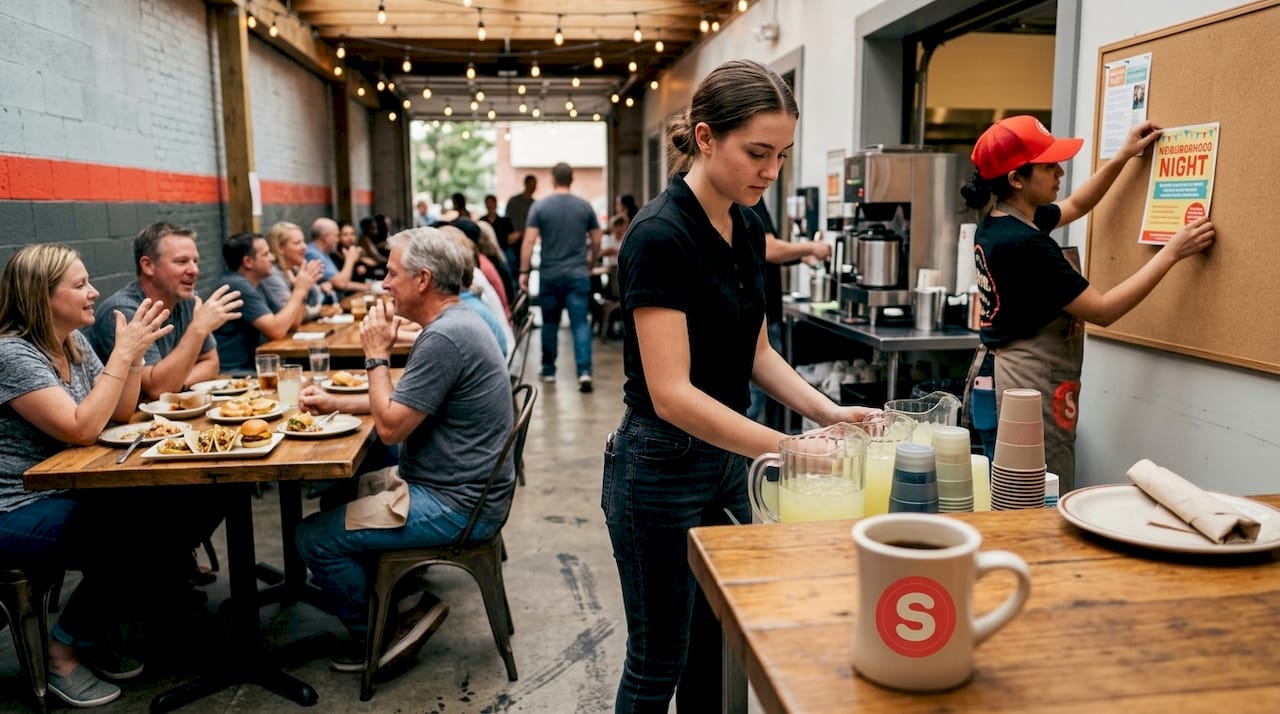 Server sets up at community restaurant gathering