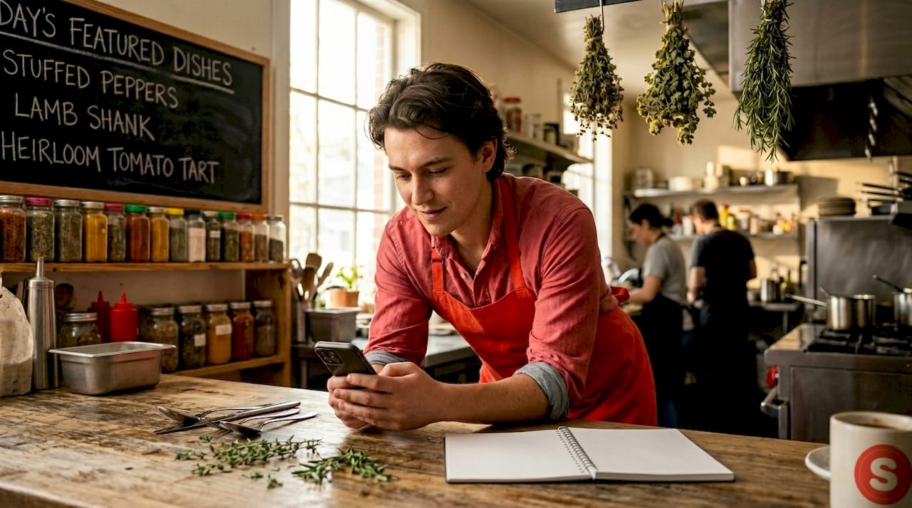 Manager vérifiant l'aperçu d'un email marketing sur son téléphone au bar