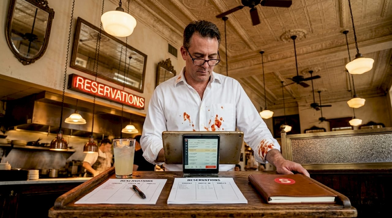 Manager reviews restaurant dashboard at hostess stand