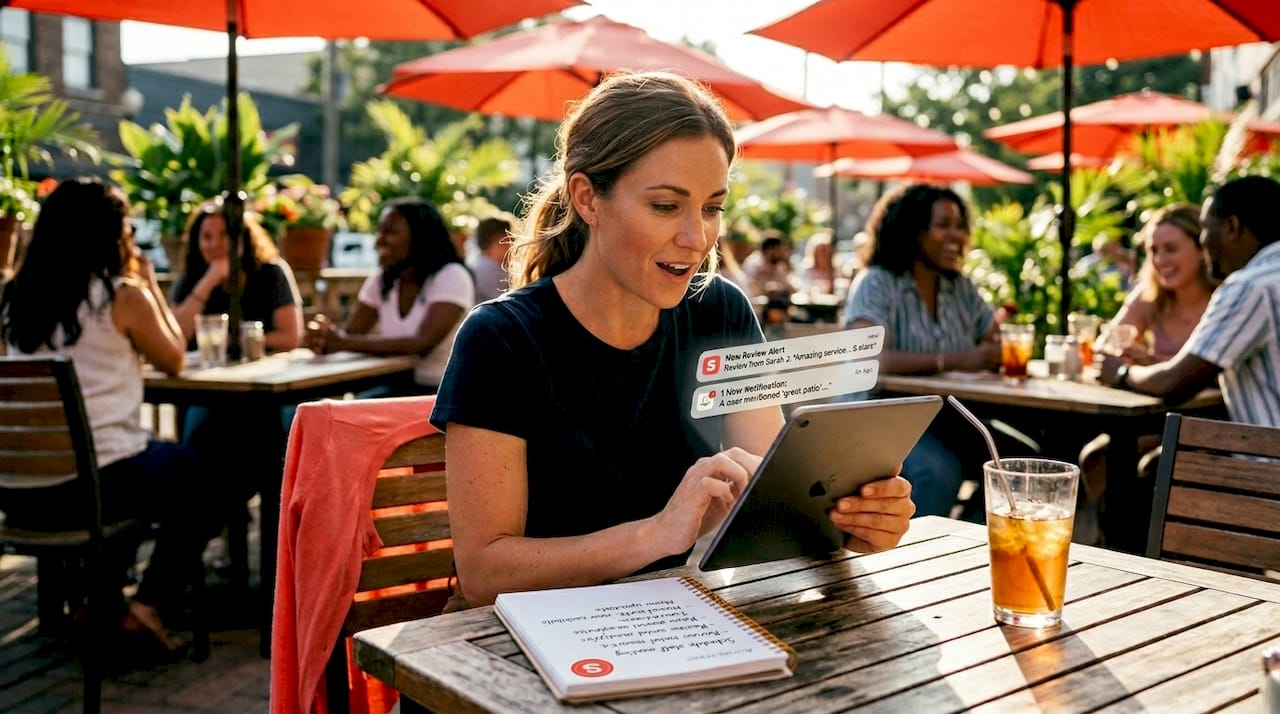 Gérant lisant les notifications d'avis dans un café