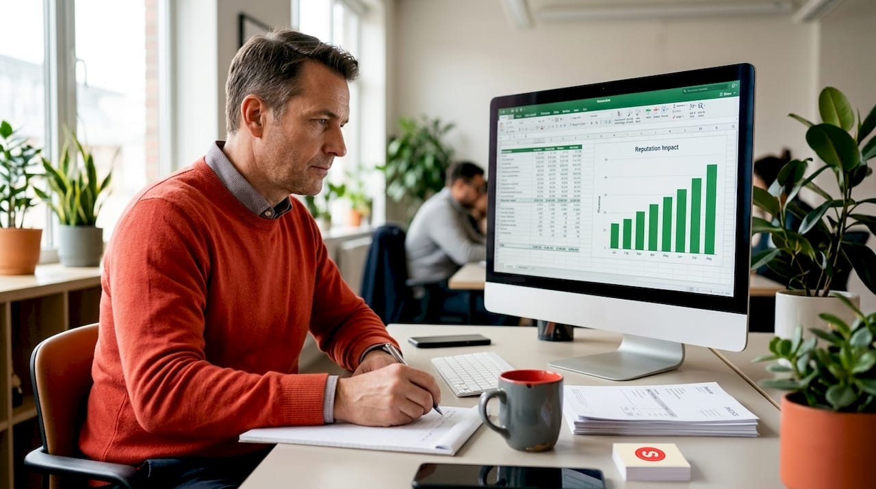 Manager reviewing reputation impact spreadsheet