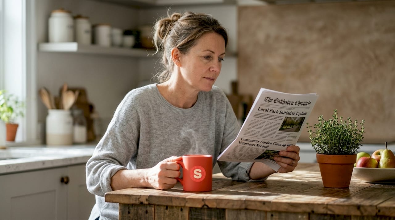 Femme lisant une newsletter locale à la table de cuisine