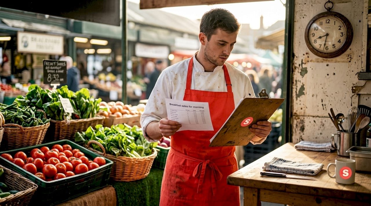 Un cuisinier consulte des impressions de ventes en cuisine