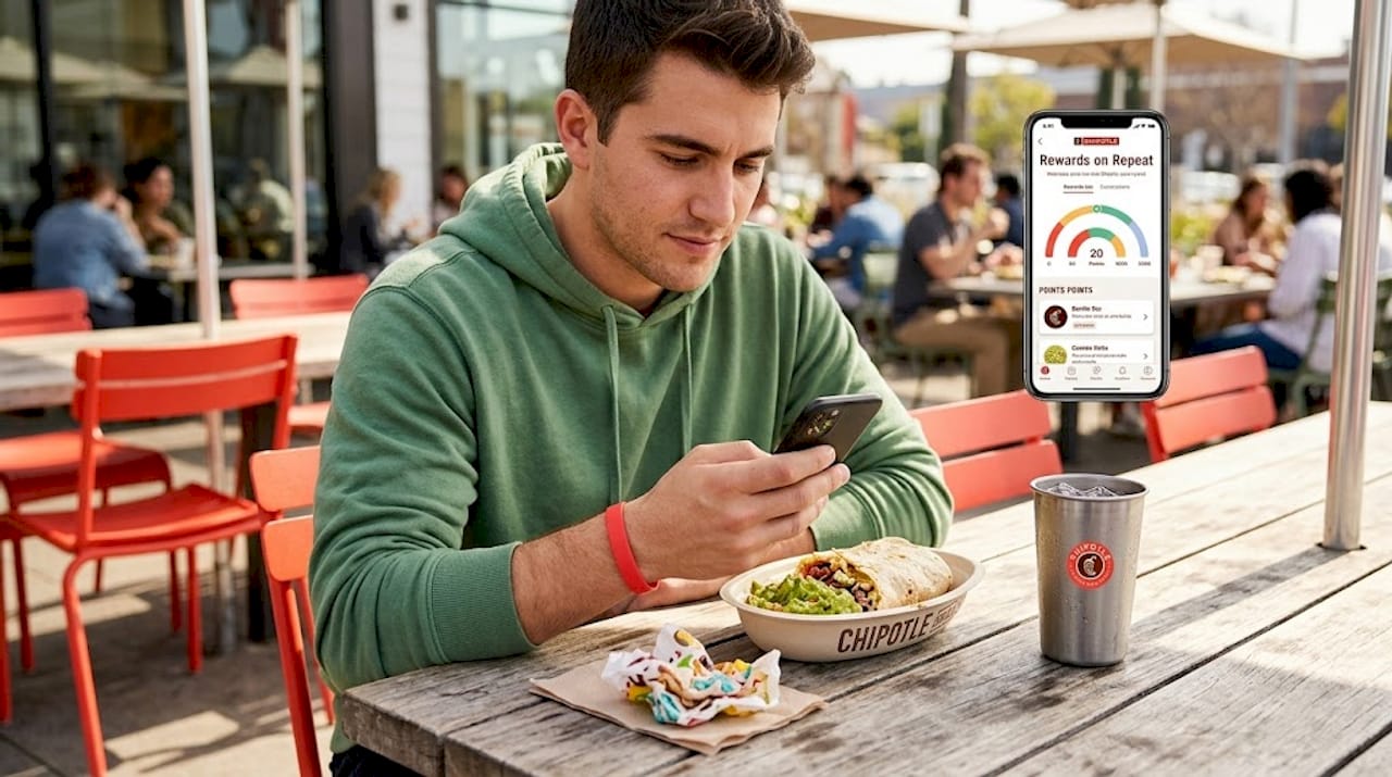 Chipotle guest using rewards app in booth