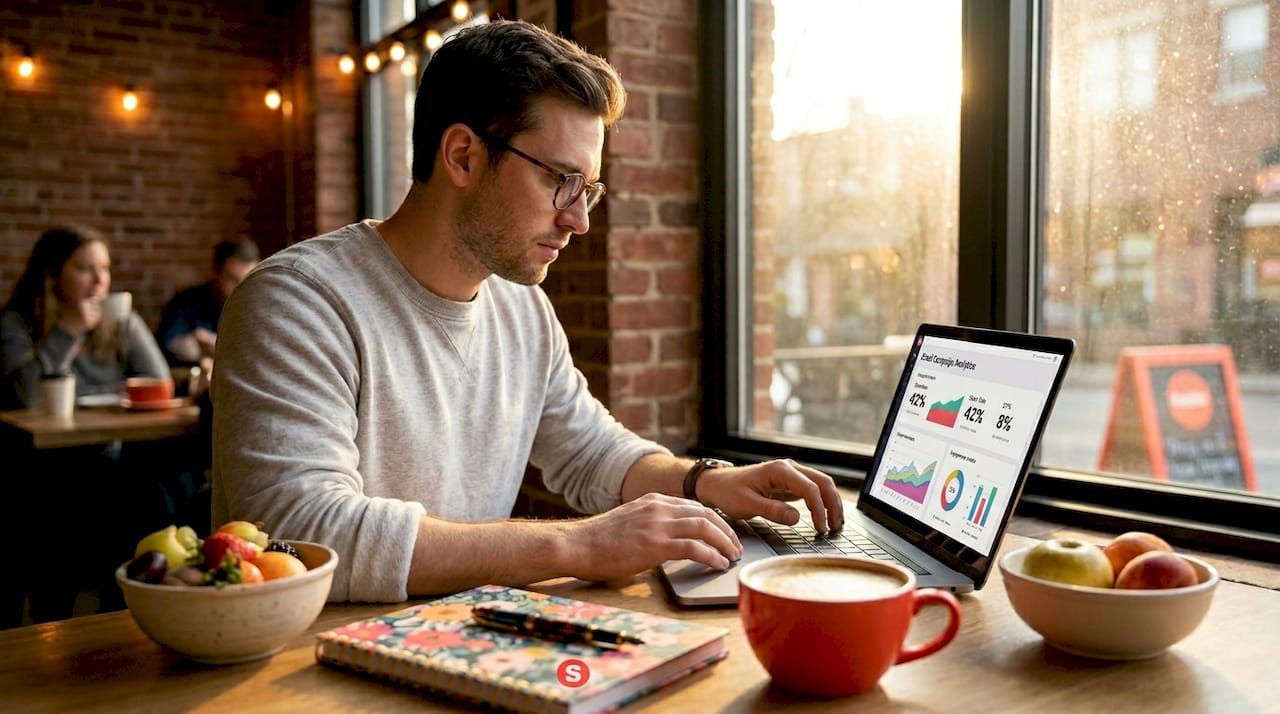 Marketeur analysant les statistiques d'une campagne email à son bureau
