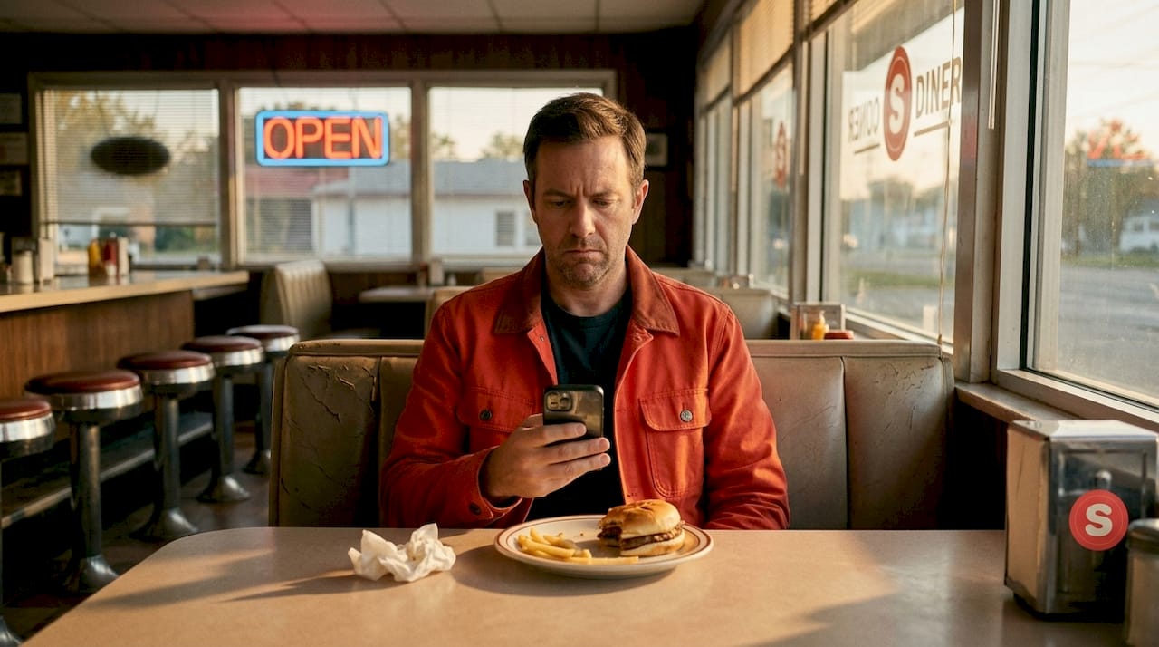 Disappointed restaurant guest checks phone at booth