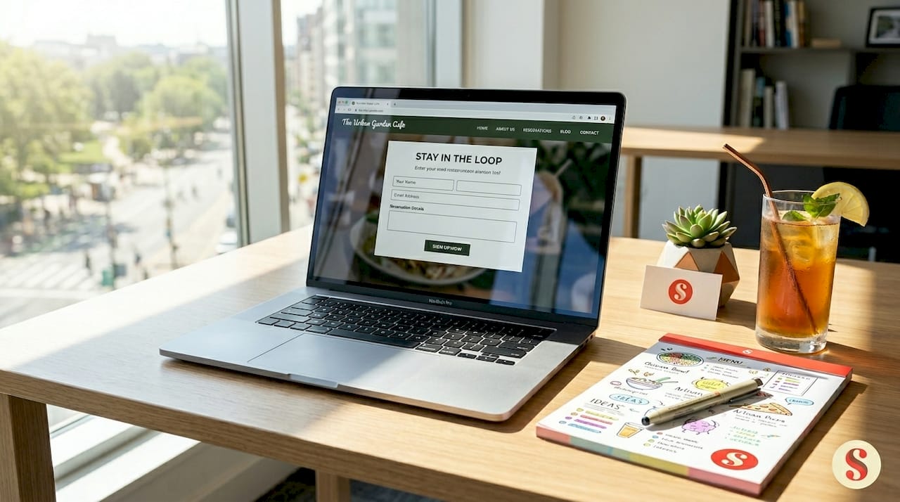 Ordinateur portable affichant un formulaire de capture de leads pour restaurant sur un site web