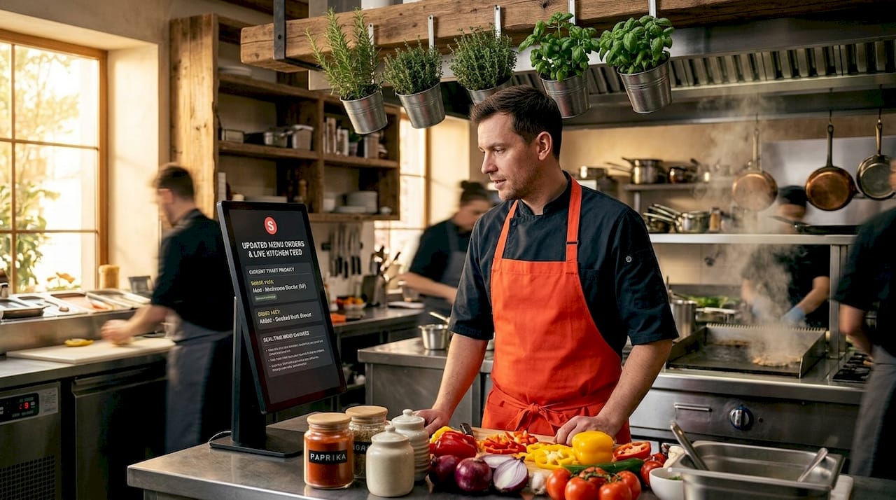 Kitchen staff using digital order screens