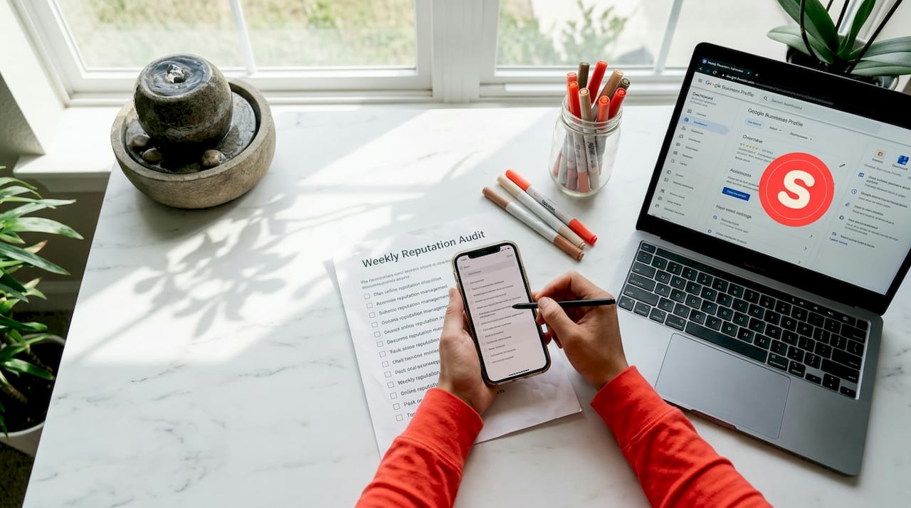 Hands performing weekly reputation audit checklist