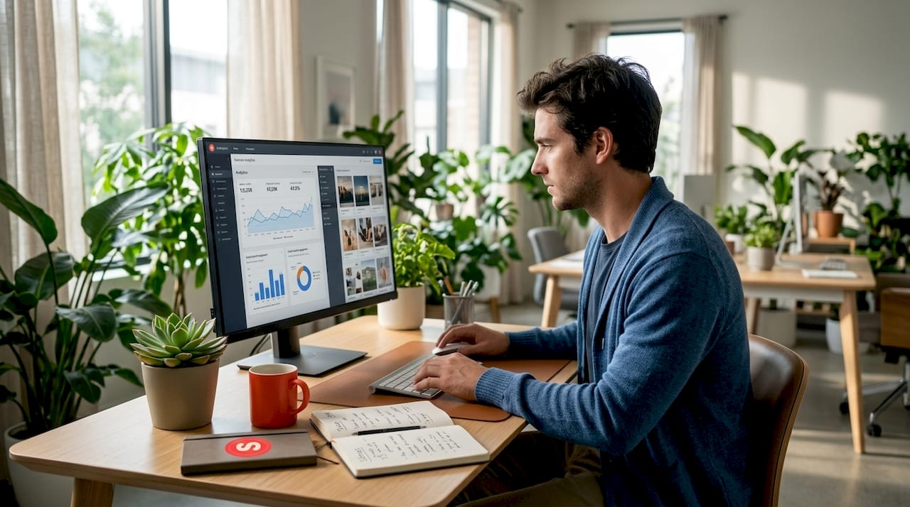 Digital marketer reviewing visual content on screen