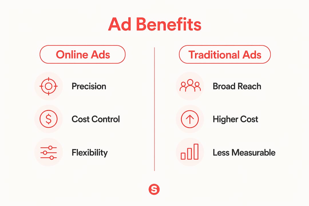 Infographic comparing online and traditional advertising benefits
