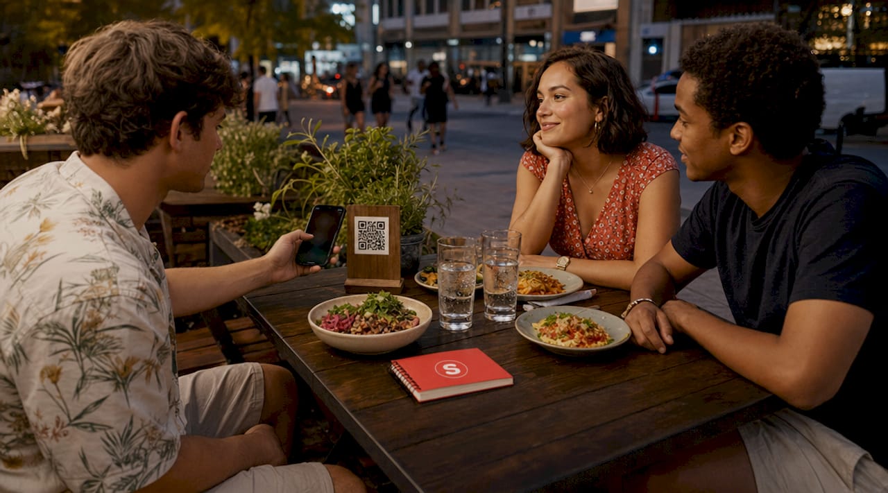 Clients utilisant un QR code pour commander au restaurant