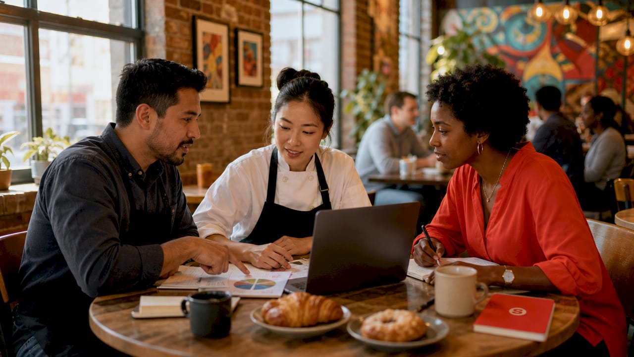 Restaurant team discussing digital marketing strategy