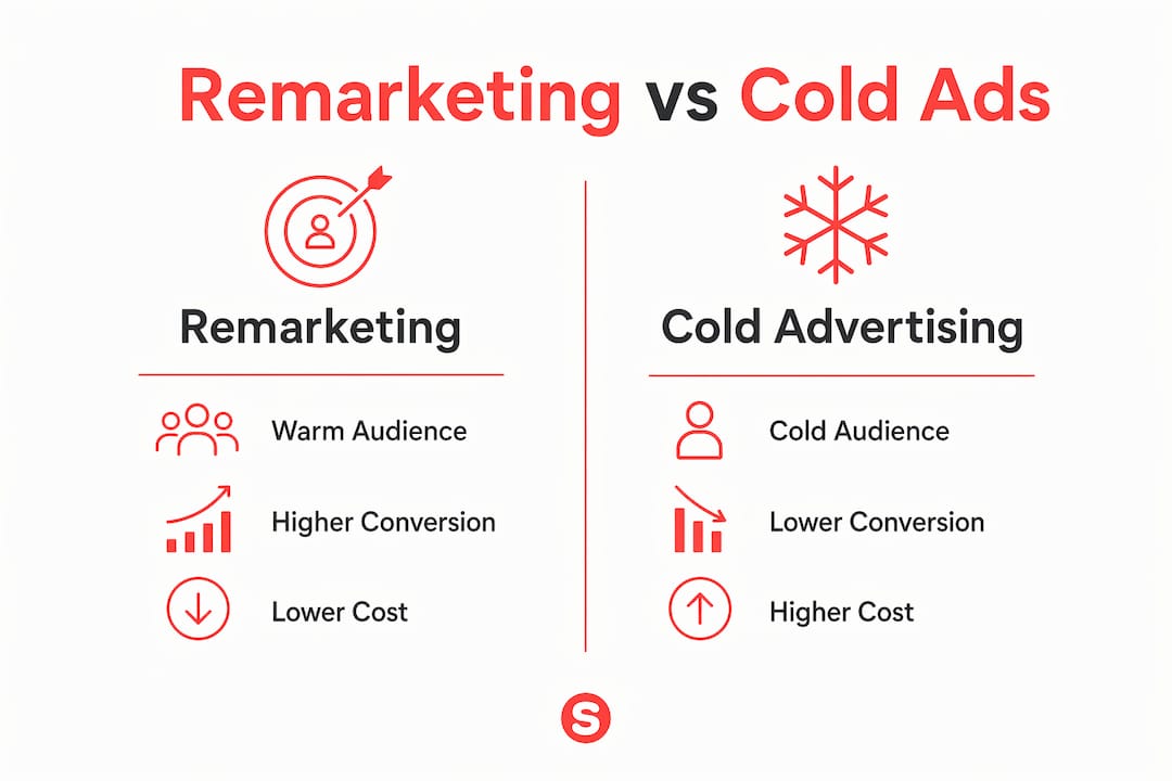 Infographic comparing remarketing and cold advertising benefits