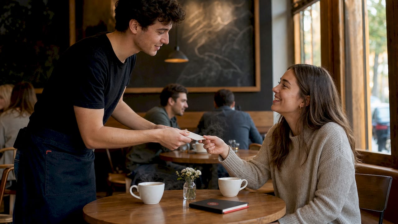 Serveur remettant une carte d'avis à un client