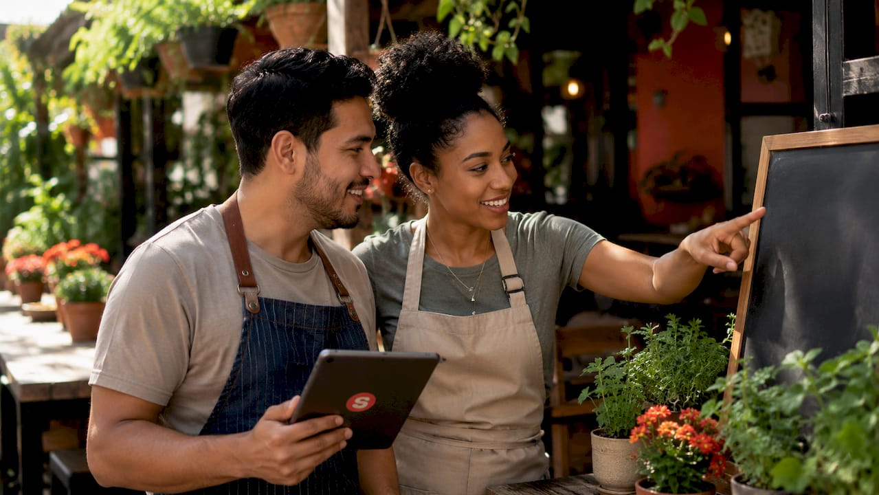 Small restaurant owners managing online presence in kitchen