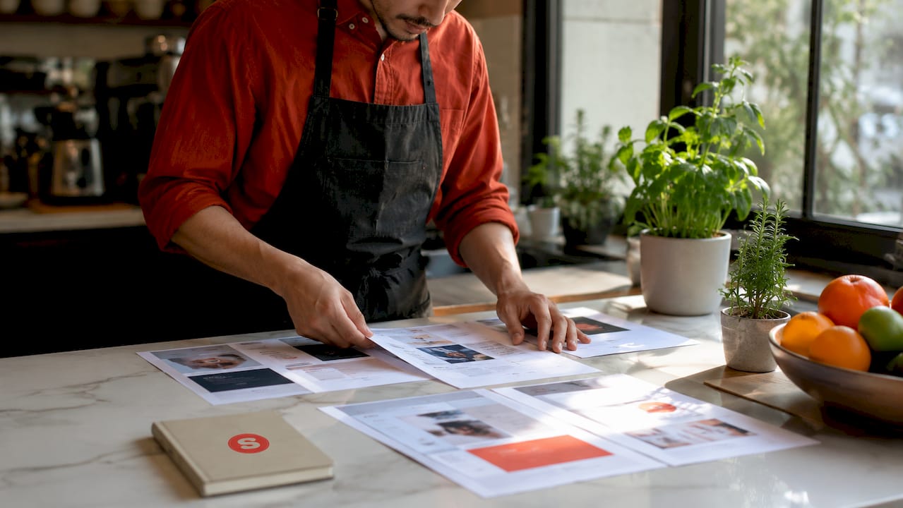 Hands organizing restaurant email content drafts