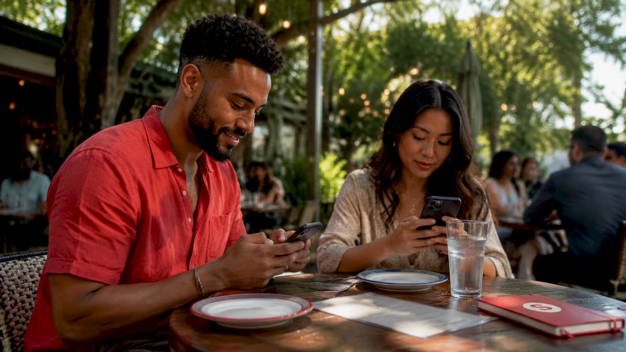 Customers reading and writing restaurant reviews on phones