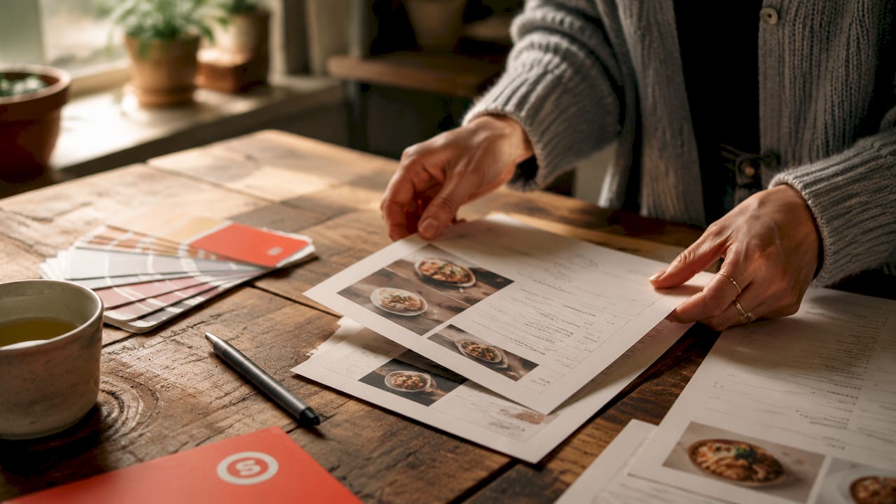 Hands arranging printed restaurant menus on table