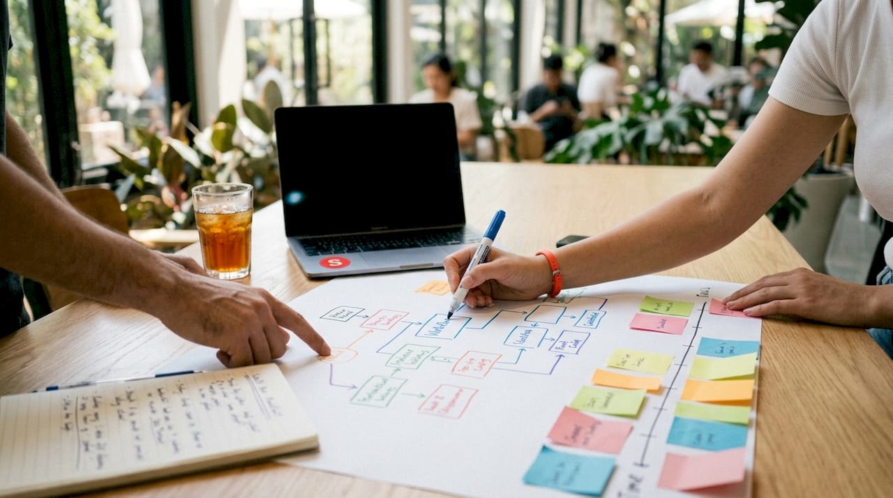 Collaborative hands planning social media workflow stages
