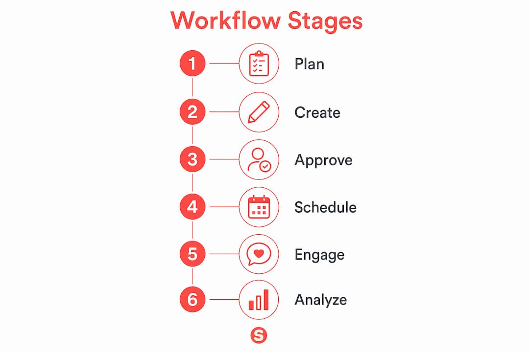 Infographic showing six key stages of restaurant social media workflow