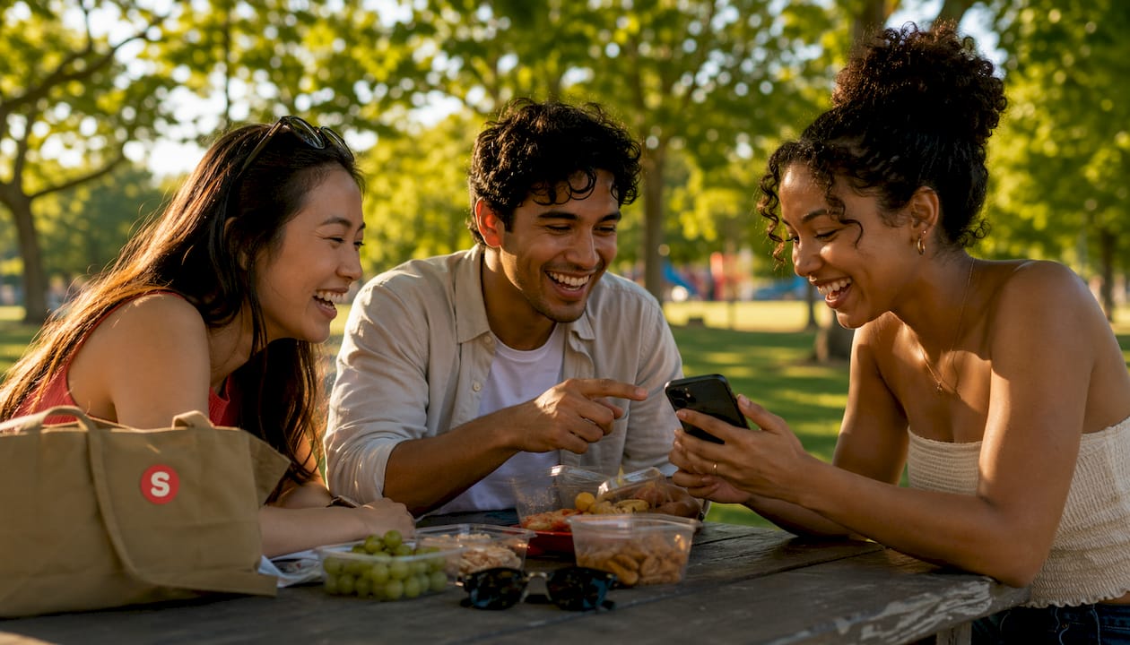 Friends viewing restaurant ads on phone outdoors