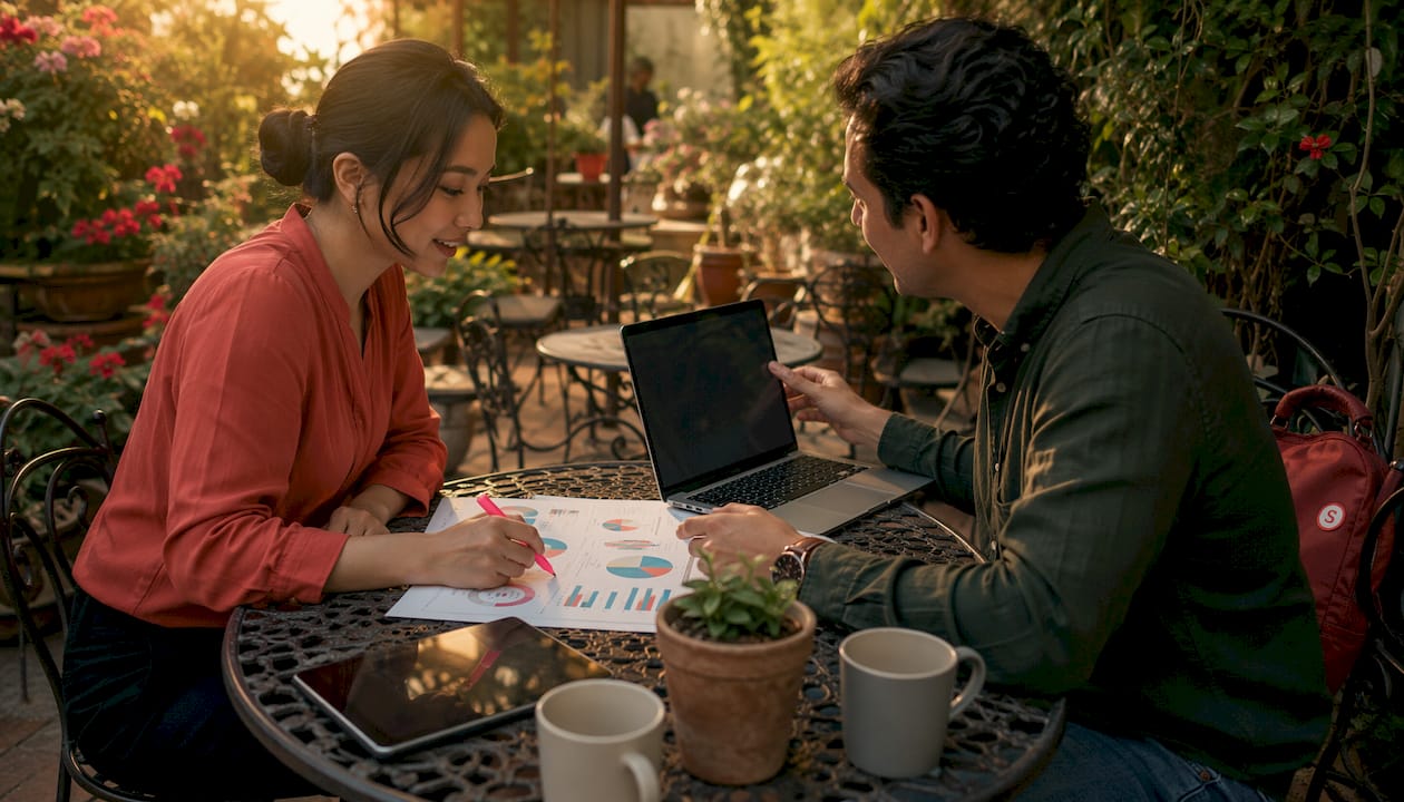 Two professionals discussing marketing agency options