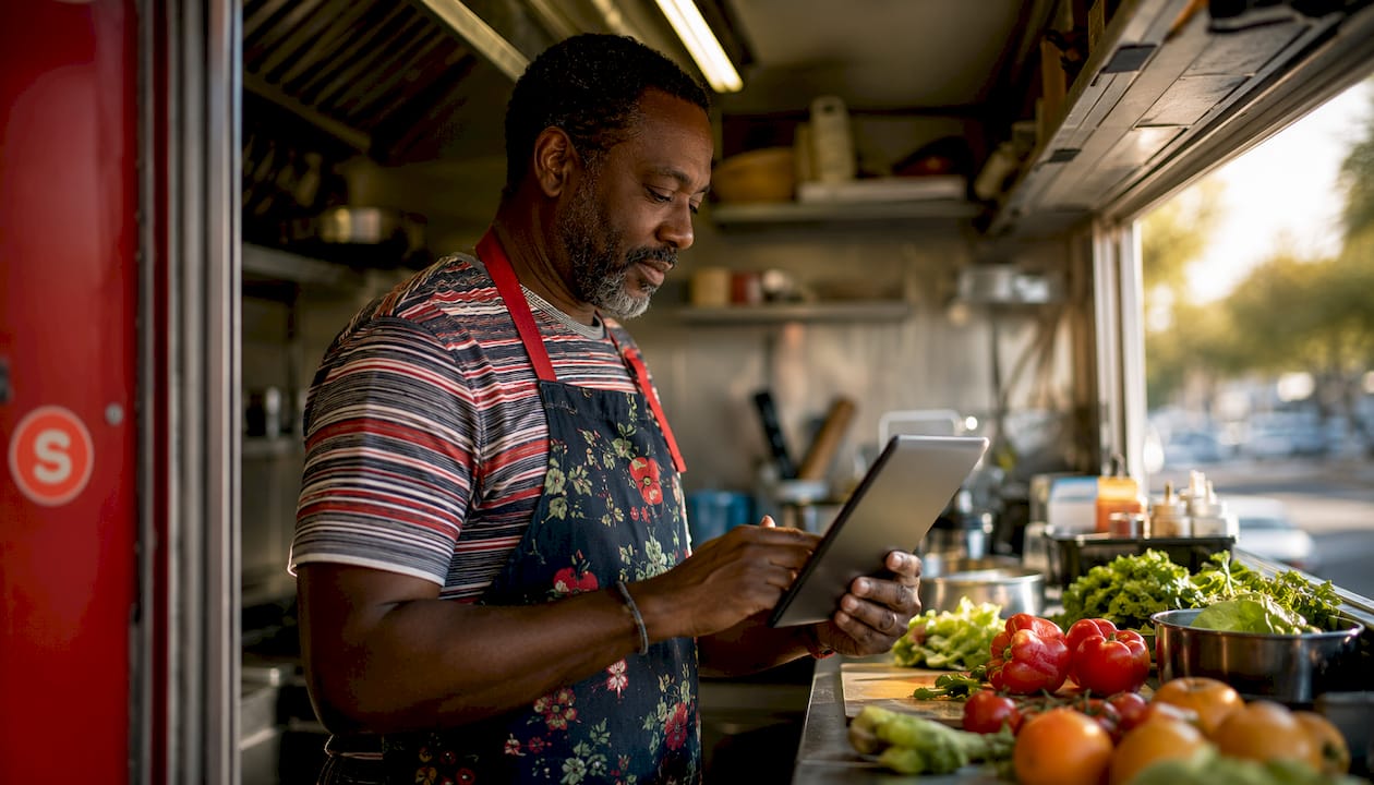 Propriétaire de restaurant consultant une campagne SMS sur tablette