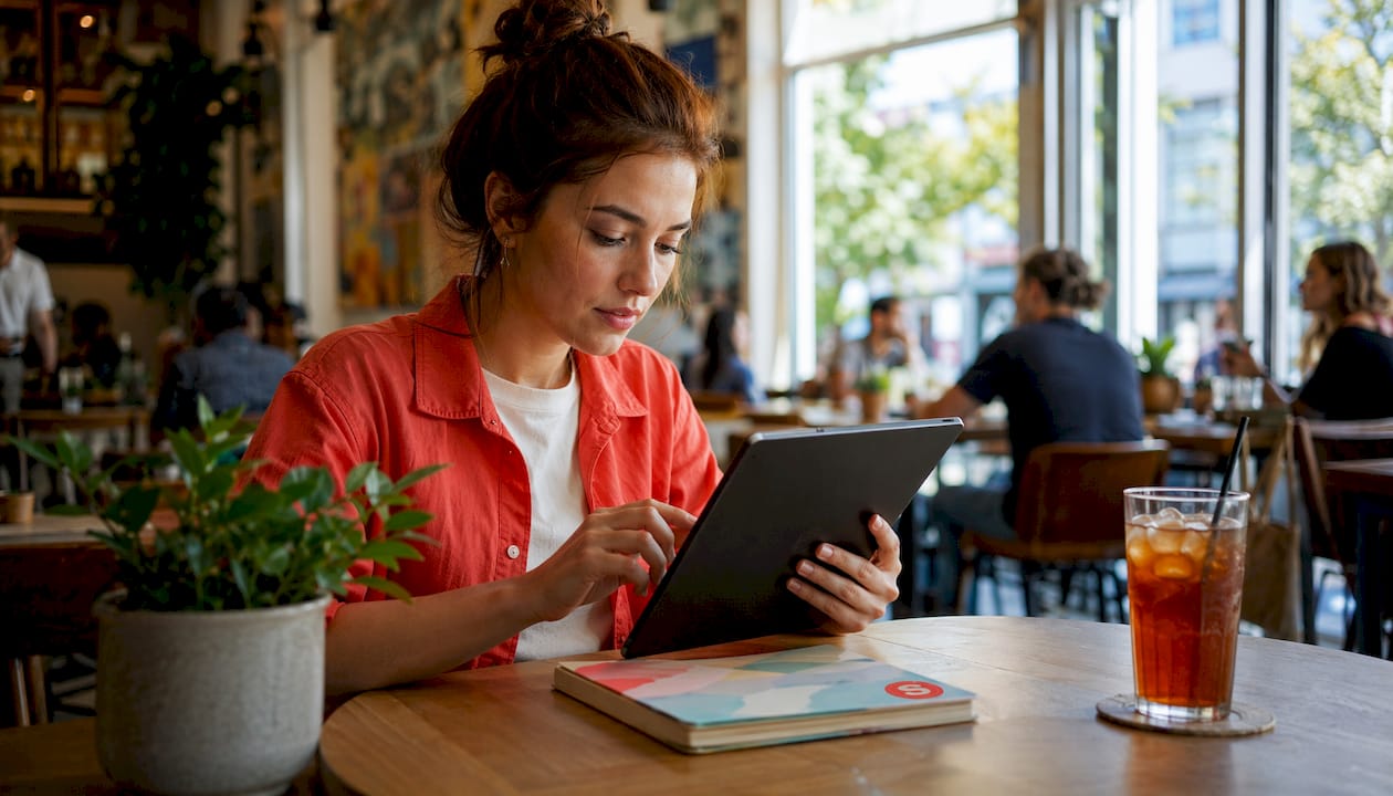 Entrepreneur utilisant des appareils numériques pour rechercher des influenceurs