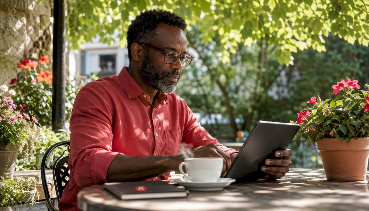 Man analyzing marketing data in café