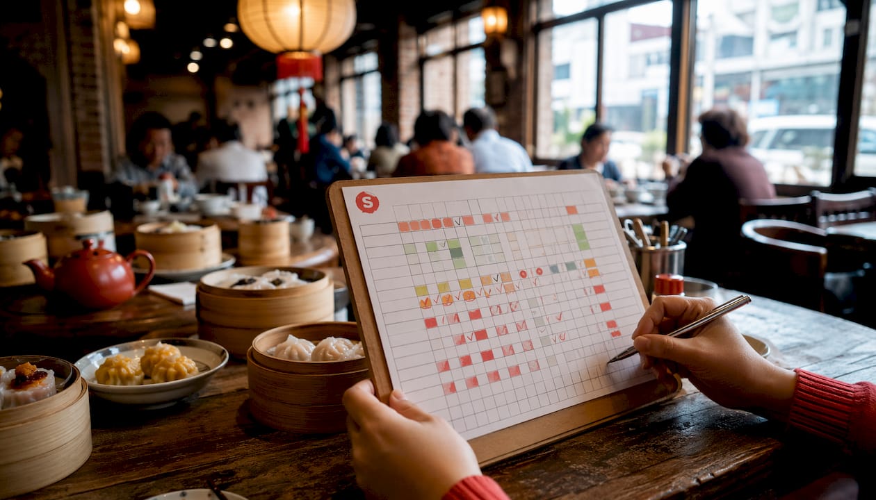 Hands marking dim sum KPI tracking sheet