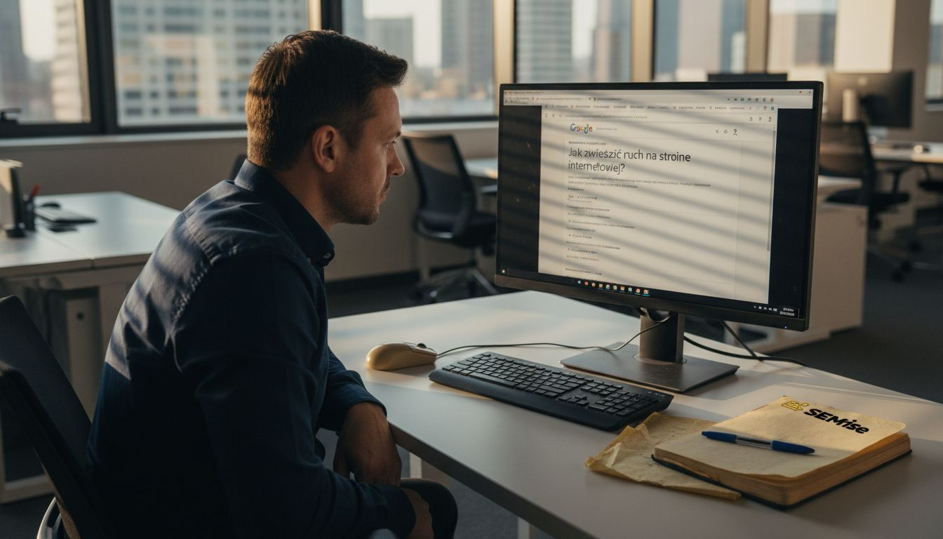 Pracownik sprawdza wyniki wyszukiwania Google na swoim komputerze.