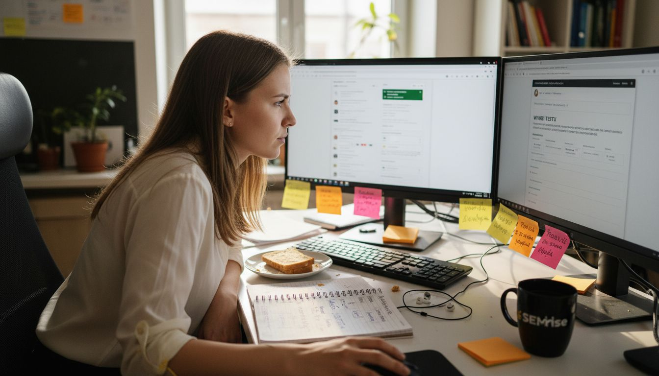 Kobieta analizuje techniczne aspekty SEO na stronie internetowej, sprawdzając, co można poprawić.