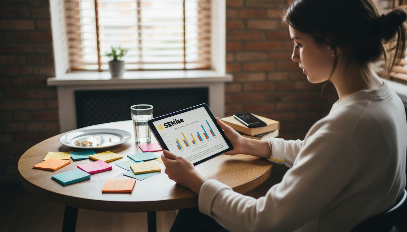 Kobieta analizuje wyniki ankiet klientów, siedząc przy stole.