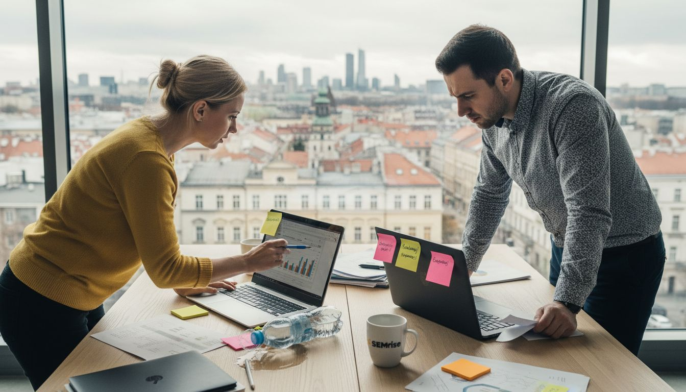 Analitycy marketingowi omawiają wyniki kampanii reklamowej w internecie.