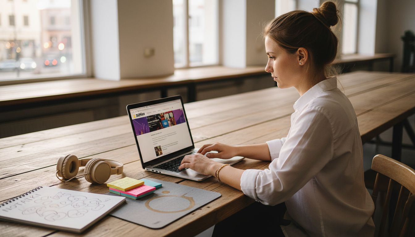 Kobieta pracująca przy biurku nad optymalizacją strony internetowej pod kątem SEO.