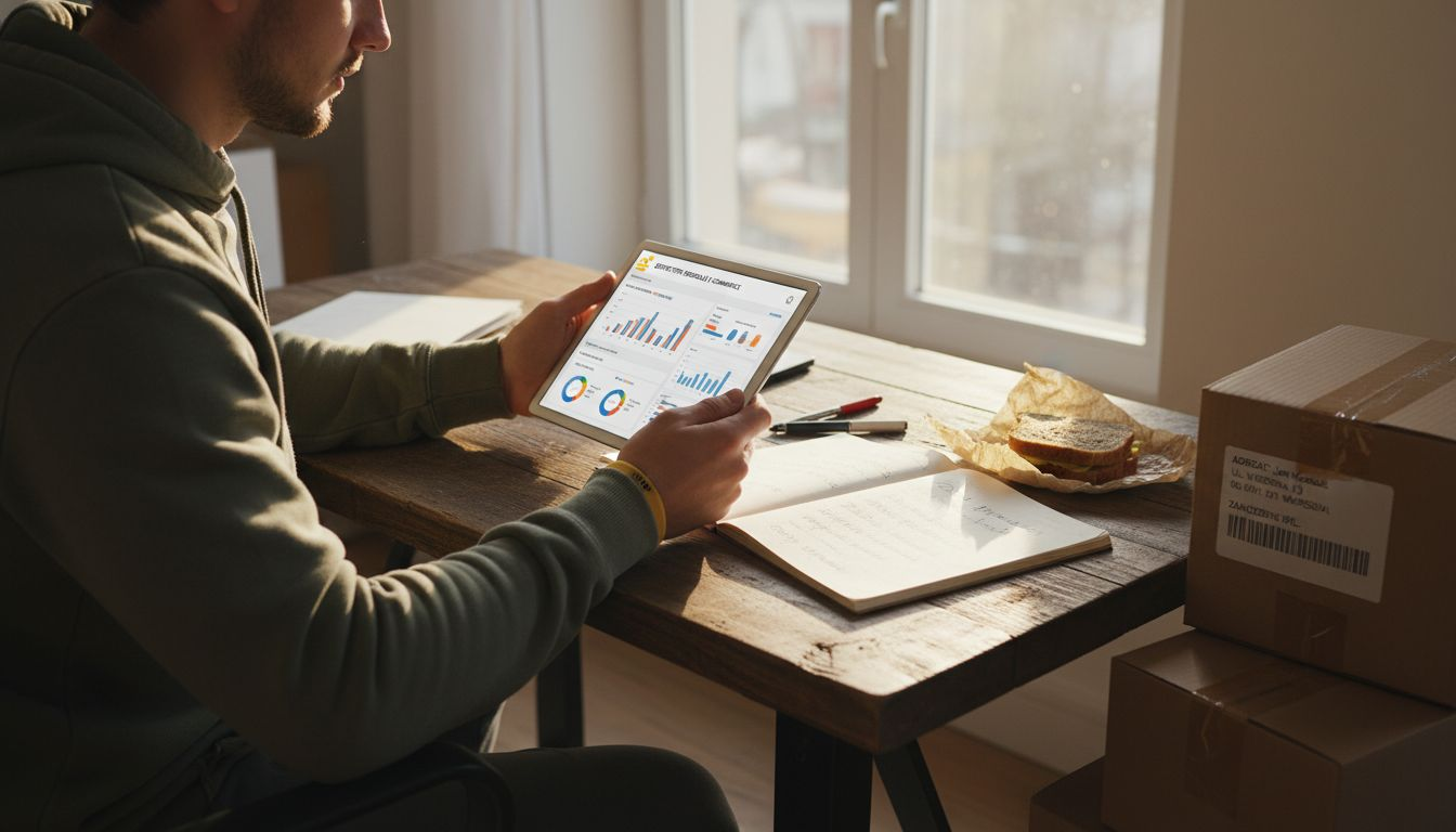 Młody przedsiębiorca analizuje wyniki sprzedaży w swoim sklepie internetowym.