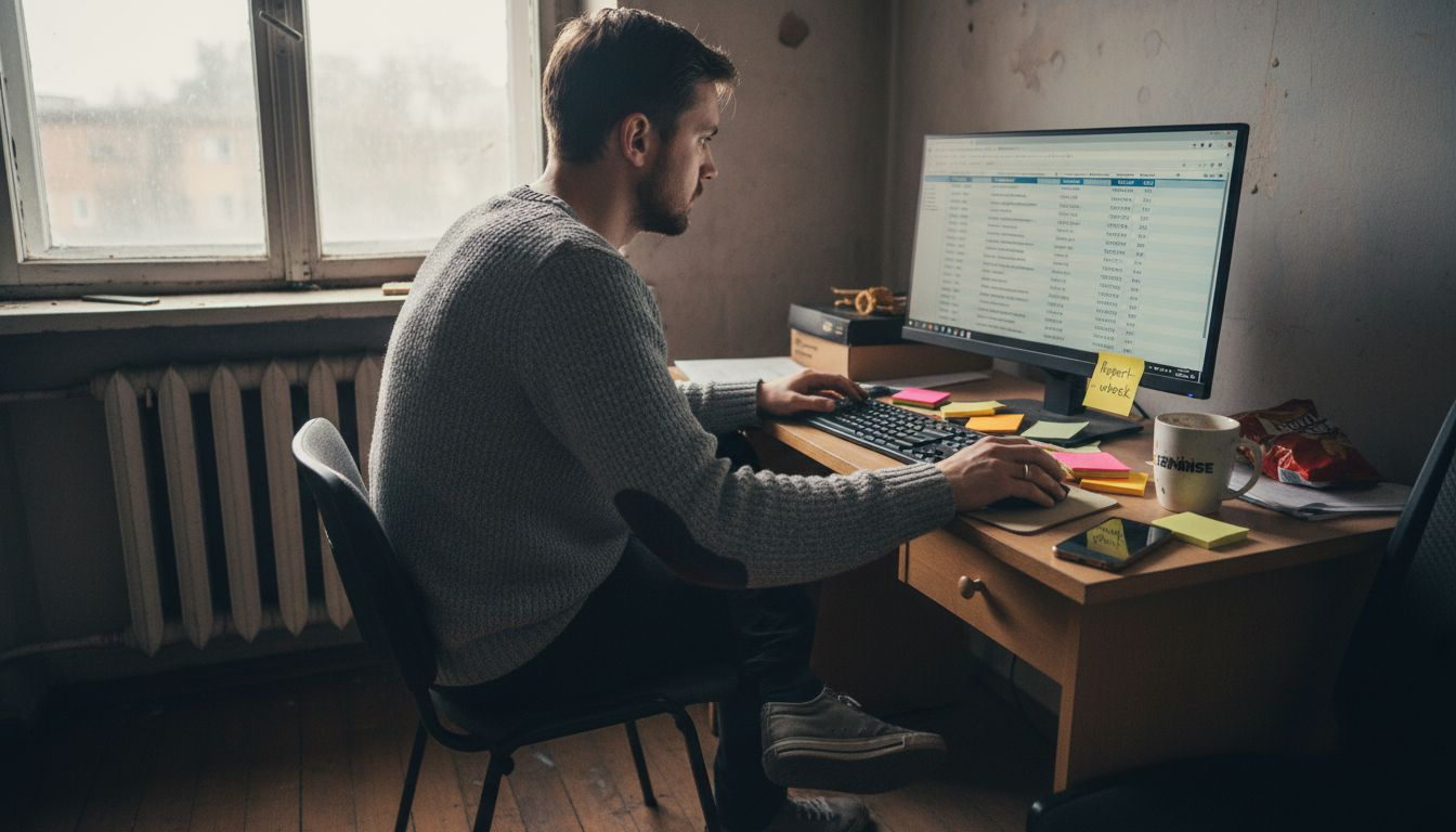 Specjalista dopracowuje kampanię przy zawalonym papierami biurku.