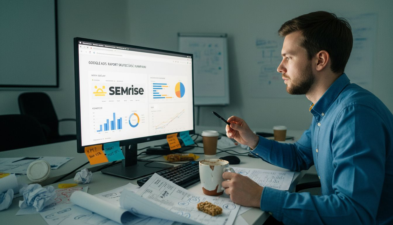 Menedżer przygląda się wynikom kampanii reklamowej w Google Ads, analizując szczegółowe dane i wyciągając wnioski na przyszłość.