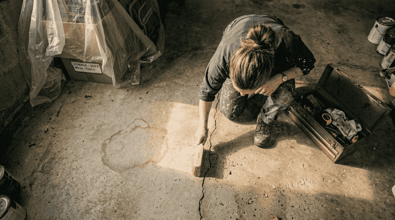 Woman cleaning crack in garage concrete floor