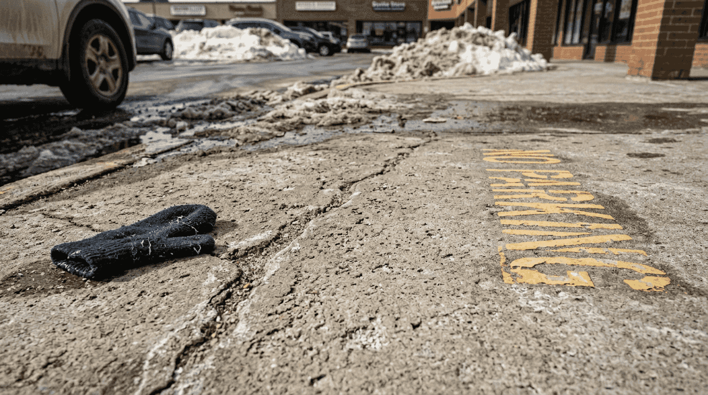 Cracked concrete walkway showing winter surface damage