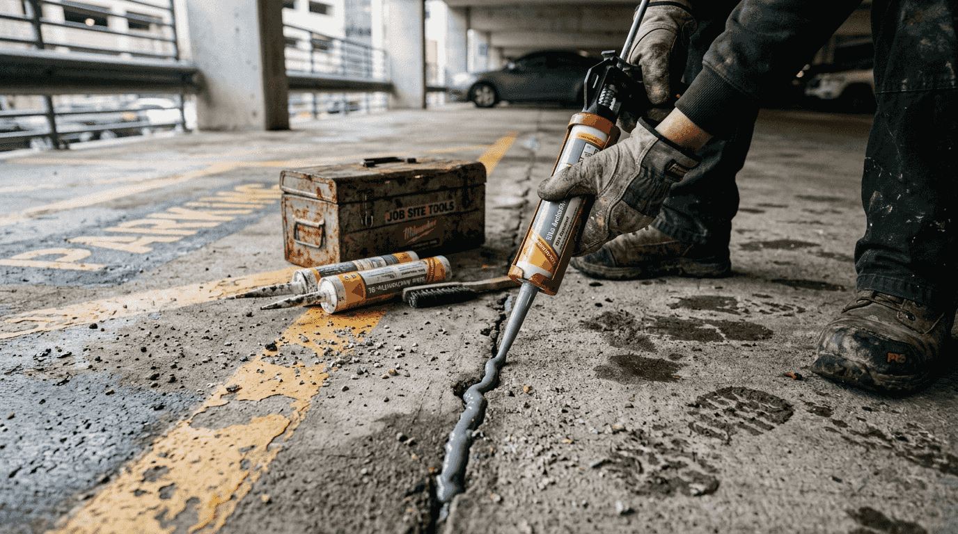 Close-up epoxy injection concrete crack repair