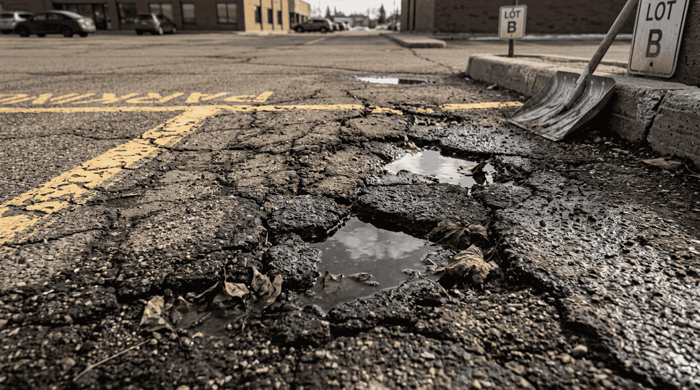 Cracked asphalt in Edmonton parking lot