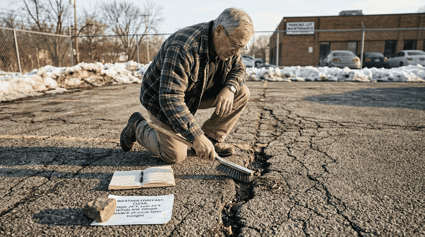Manager inspecting and cleaning asphalt crack