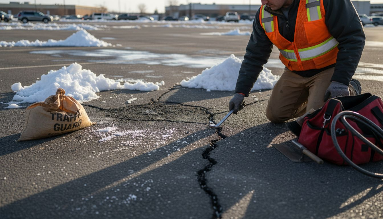 Worker inspecting crack in asphalt surface