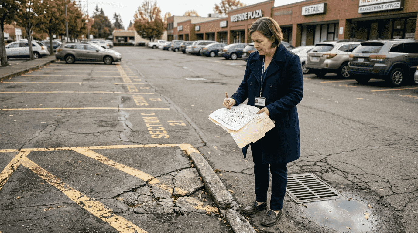 Manager inspecting parking lot pavement damage