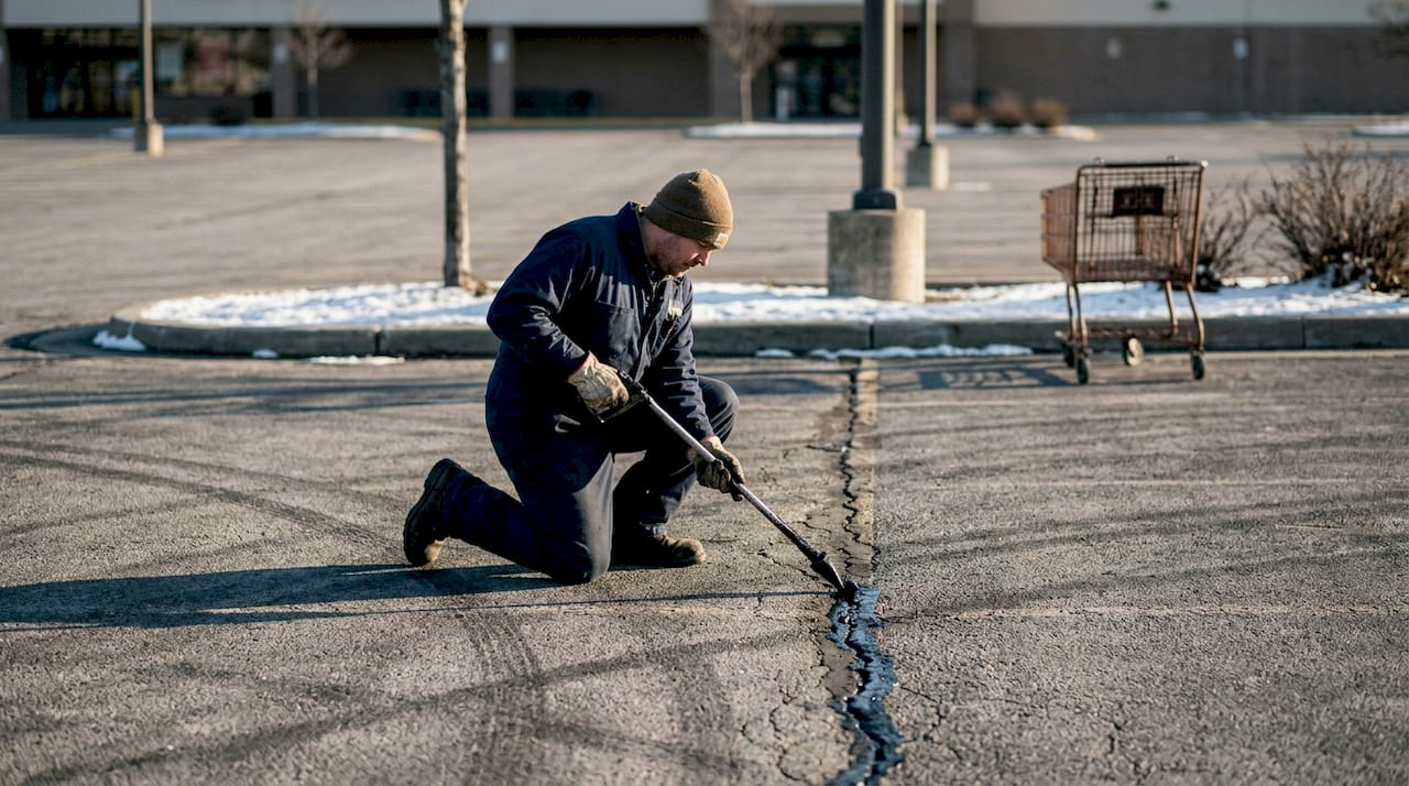 Crack repair process on asphalt parking lot