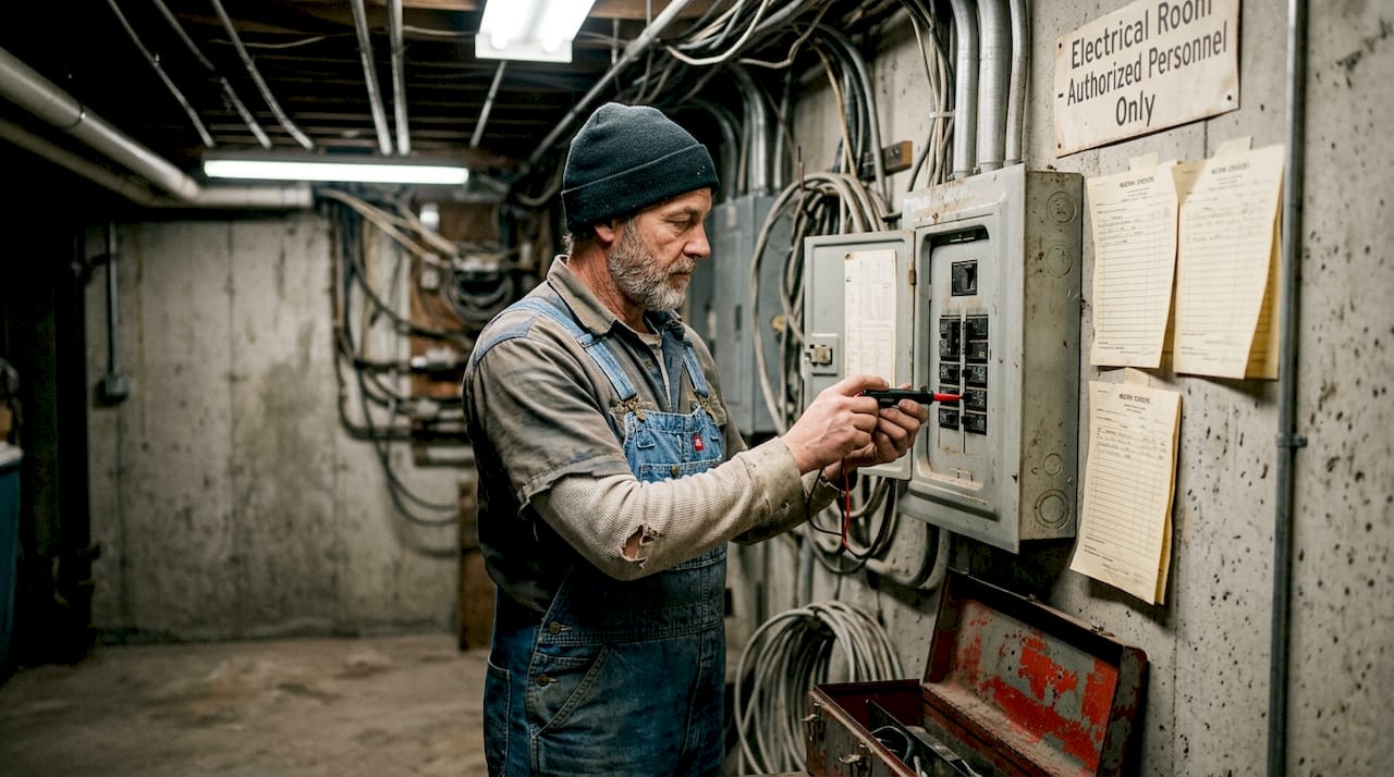 Technician testing electrical panel in basement