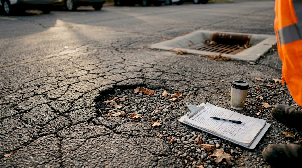 Alligator cracking and pothole in parking lot