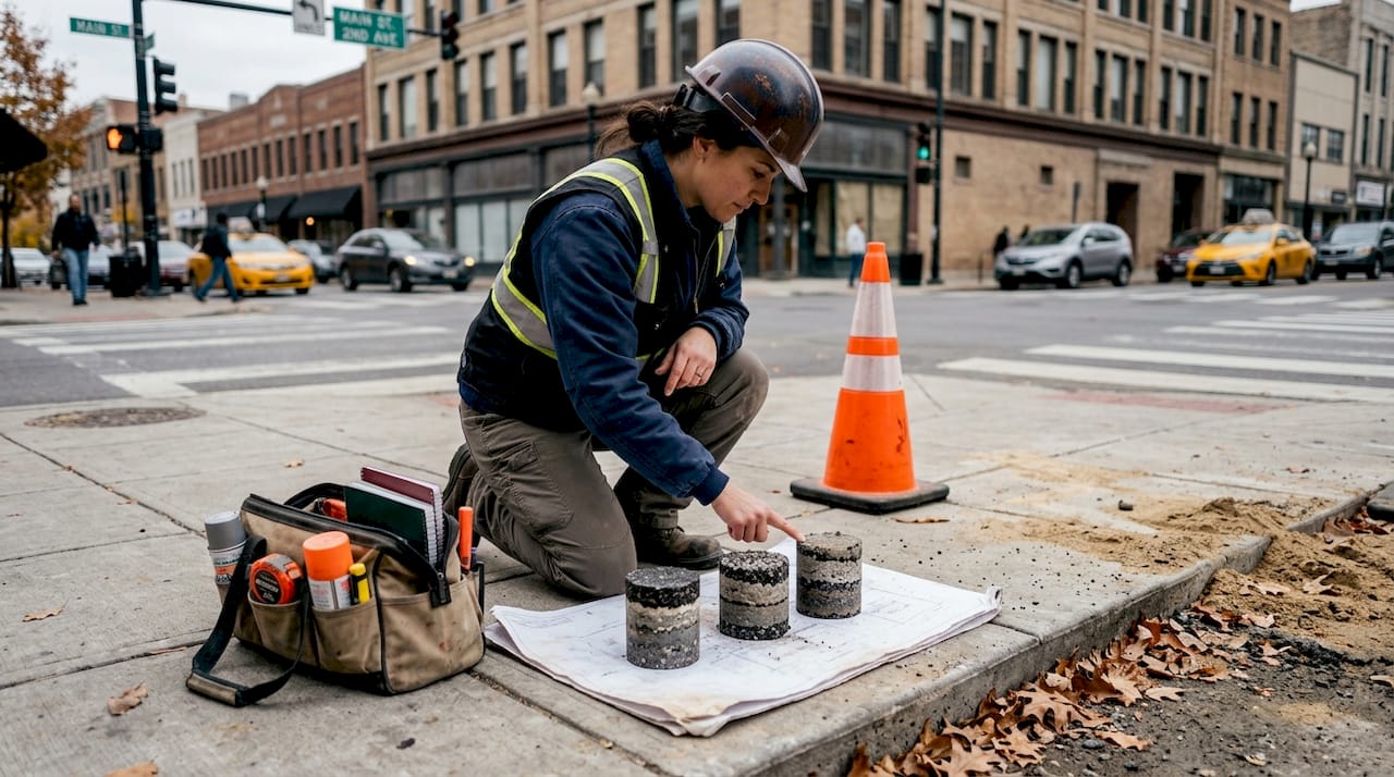 Engineer showing three pavement core samples